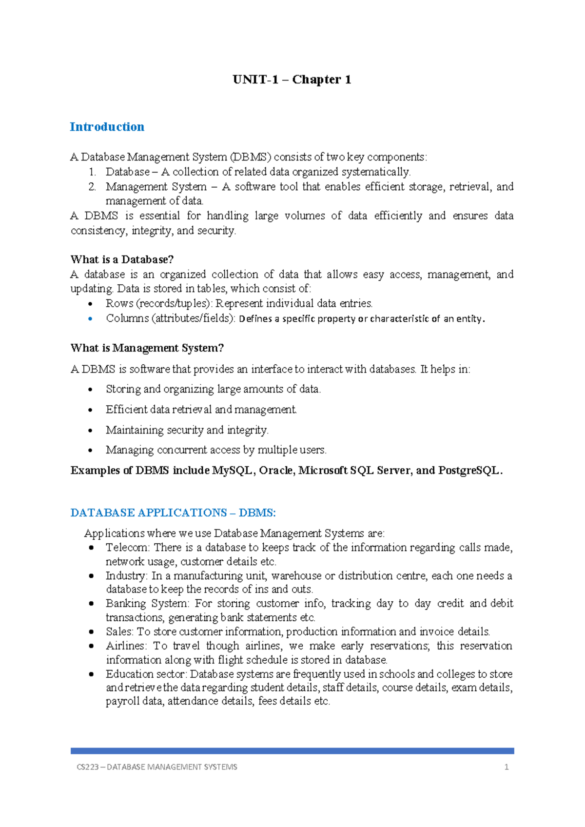 CS223 Database Management Systems: Chapter 1 Introduction Notes - Studocu