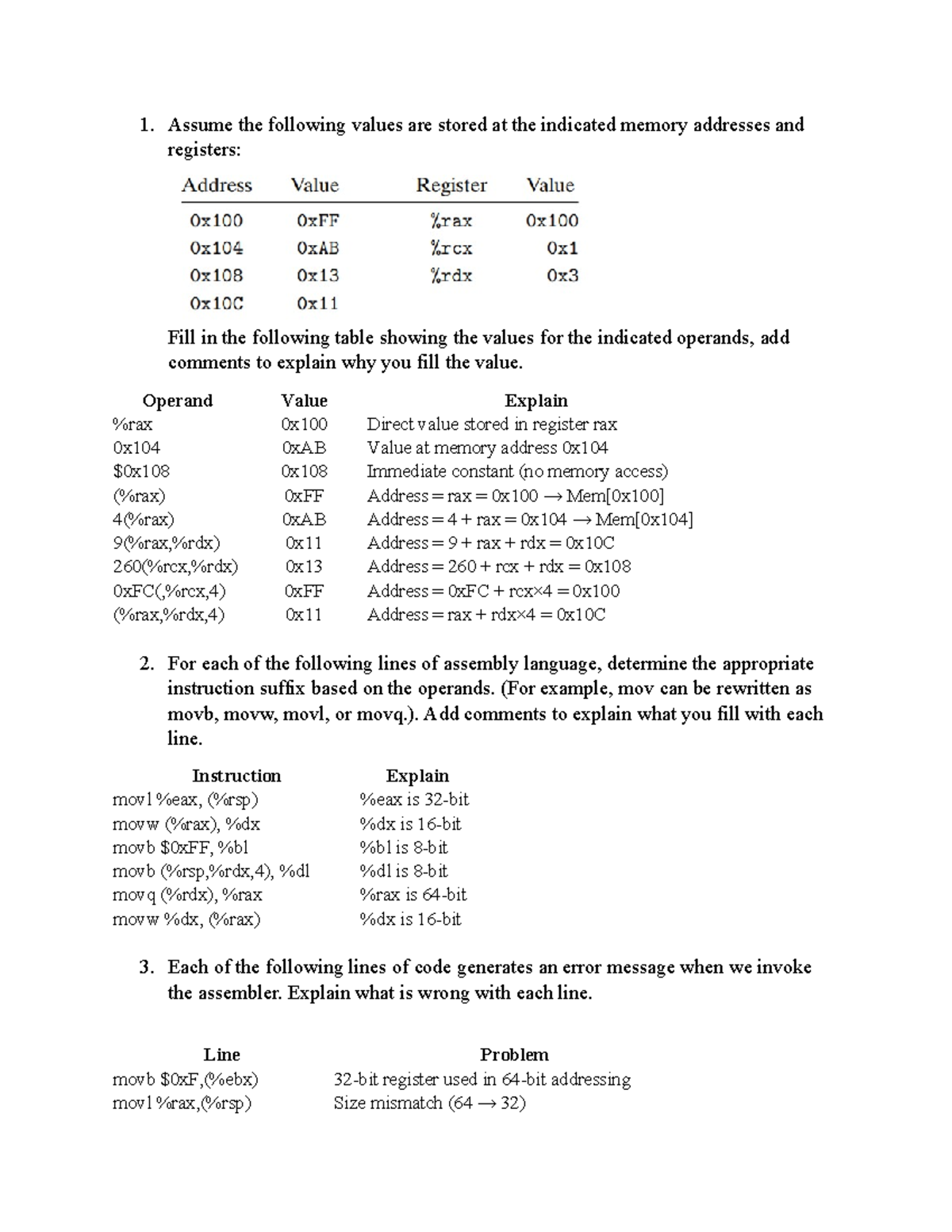 SP W1 - Assembly Language Operand Analysis and Error Explanation - Studocu