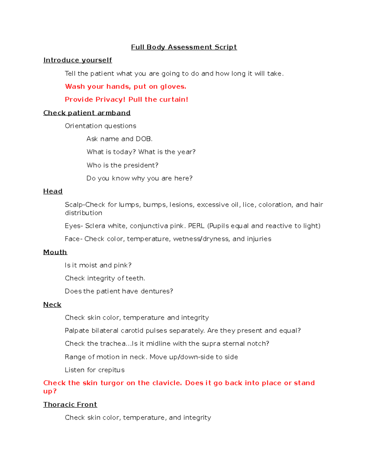 Full Body Assessment Script - Full Body Assessment Script Introduce ...