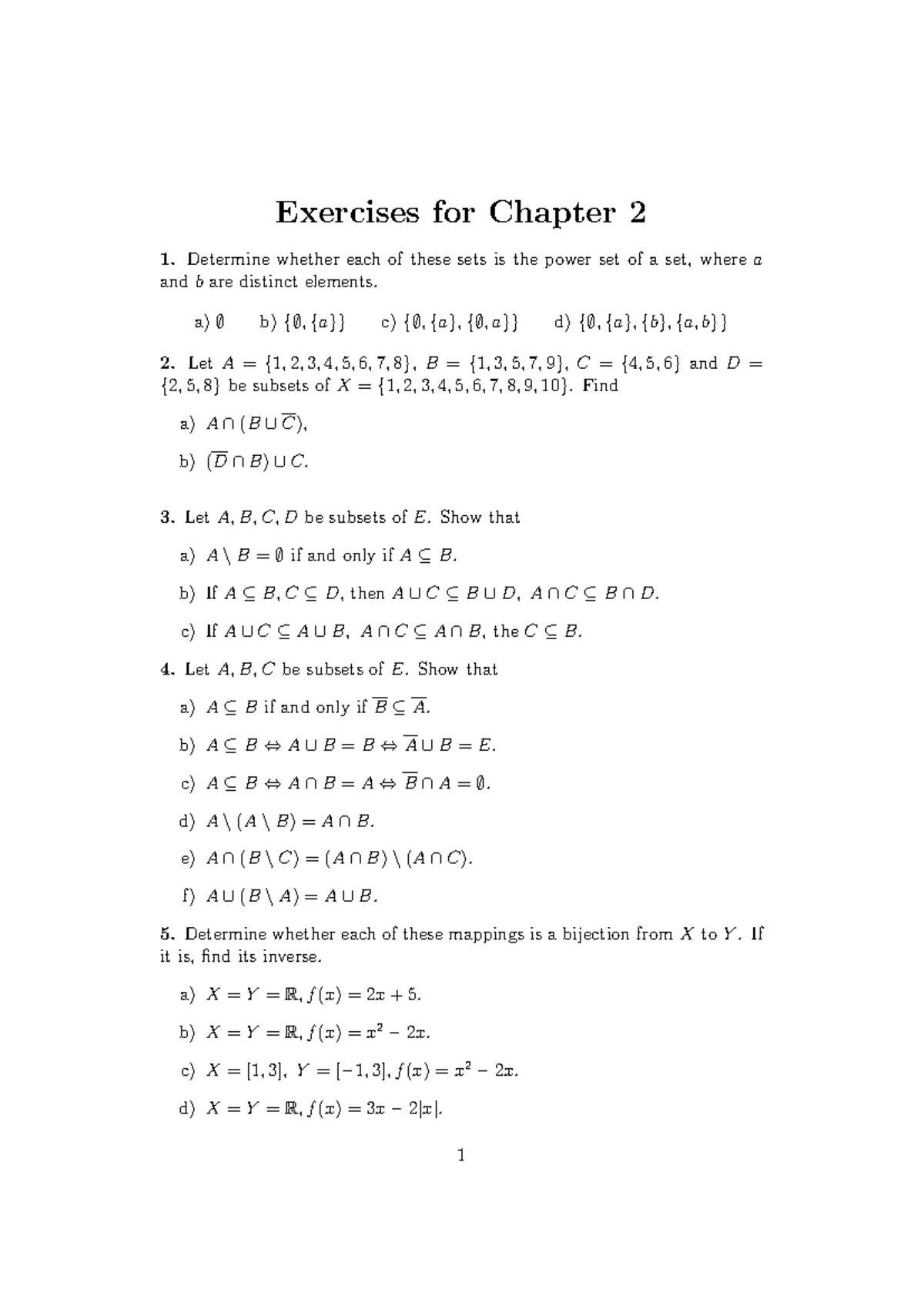 Exercises for Chapter 2: Set Theory and Mappings - Studocu