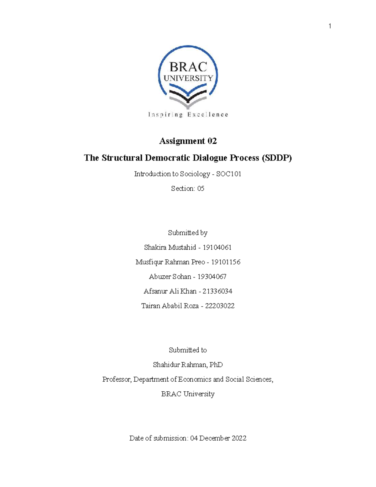 SOC101 Assignment 02: Addressing Gender Inequality at BRAC University ...