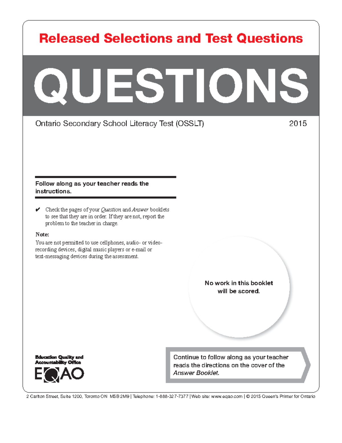 Osslt question bklt 2015 - QUESTIONS Ontario Secondary School Literacy ...