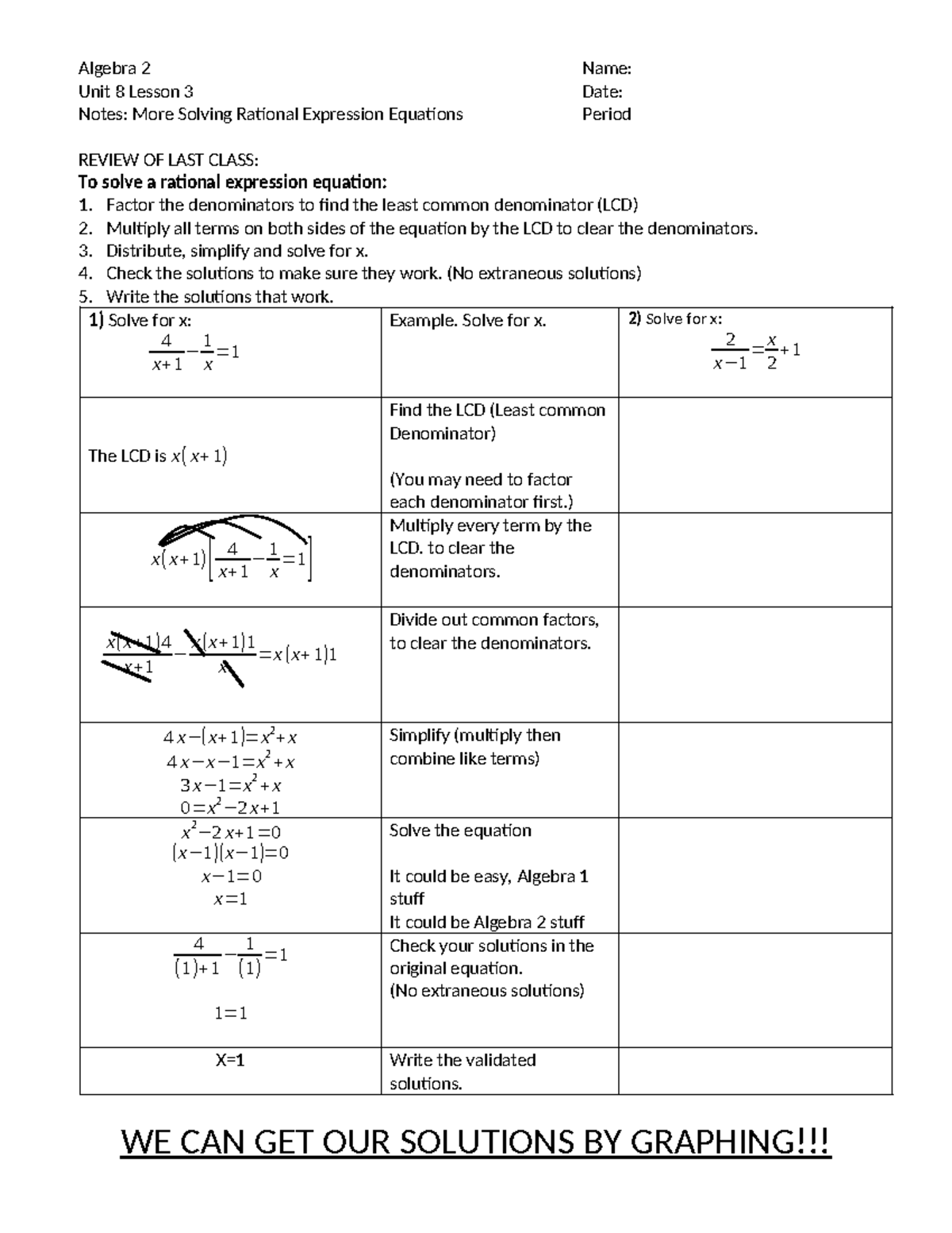 Algebra 2 Unit 8 Lesson 3 notes and practice on rational expressions ...