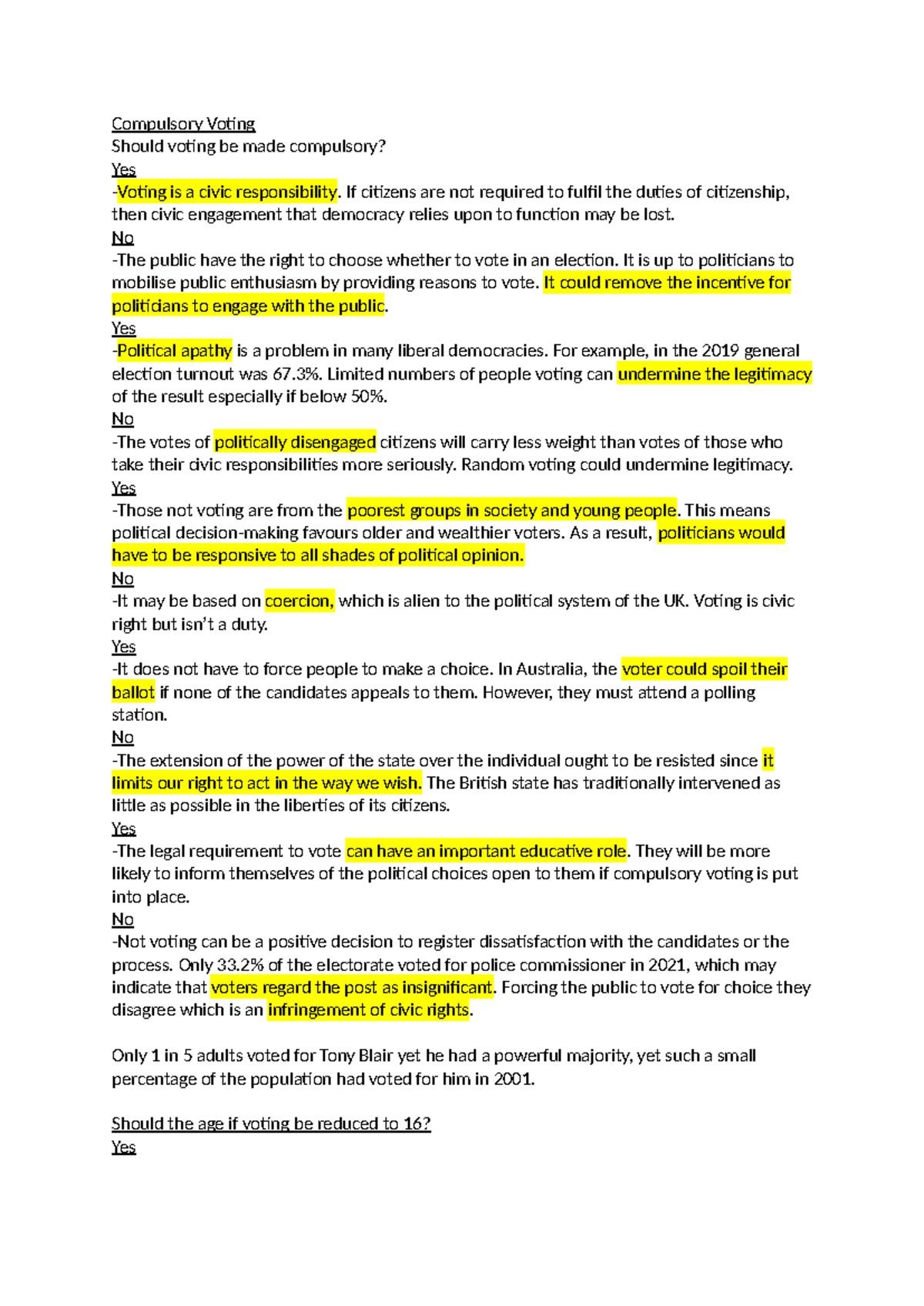 Compulsory Voting Debate: Revision Notes for Class Discussion - Studocu