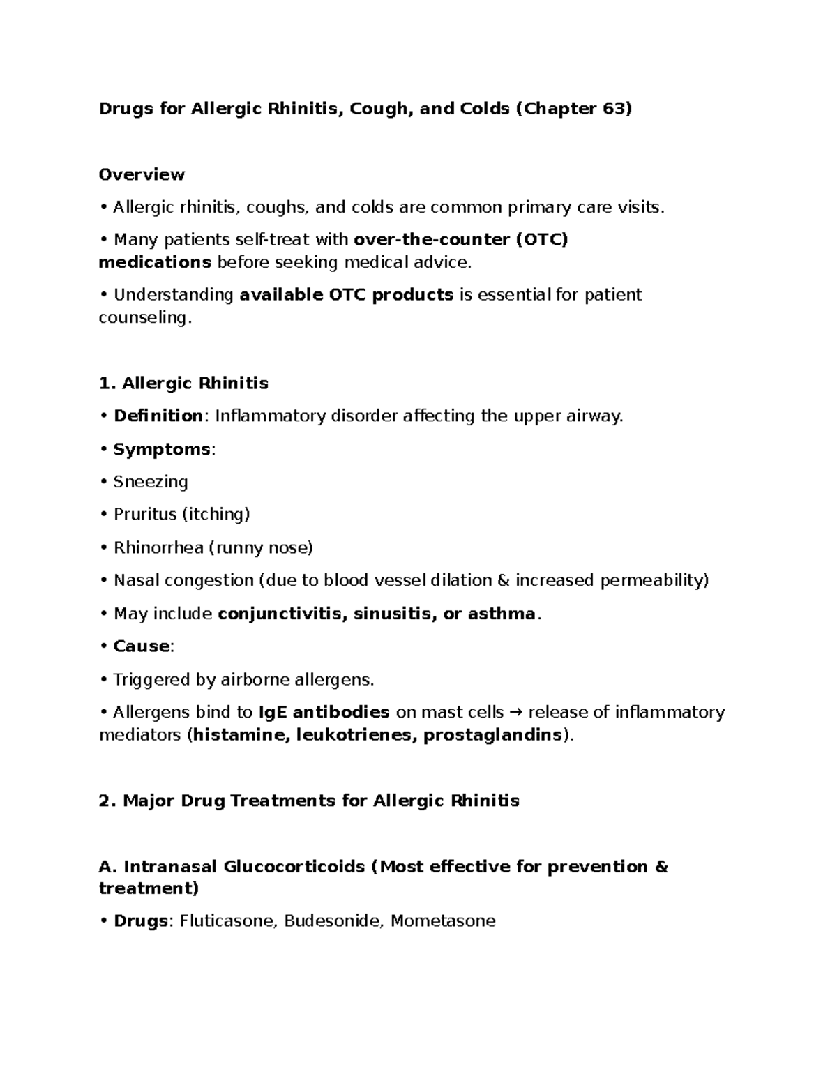 Chapter 63: Pharmacology Notes on Allergic Rhinitis & Colds - Studocu