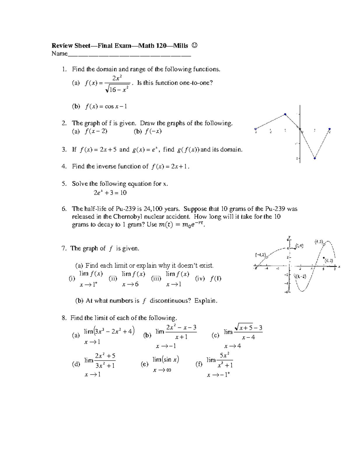 Final Exam Review Sheet - MATH 120: Functions & Limits - Studocu