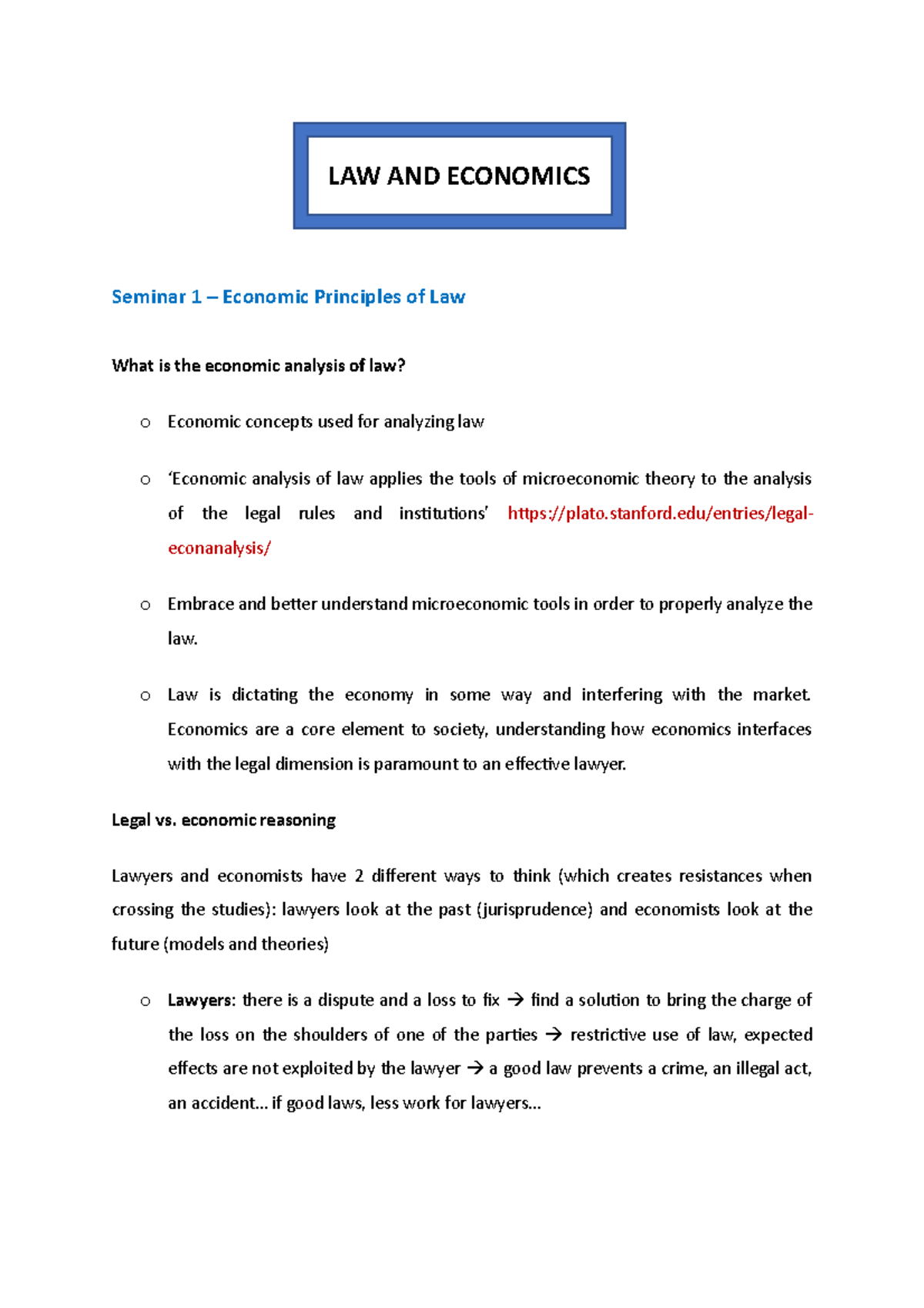 LAW 101: Comprehensive Notes on Law and Economics Seminar 1 - Studeersnel