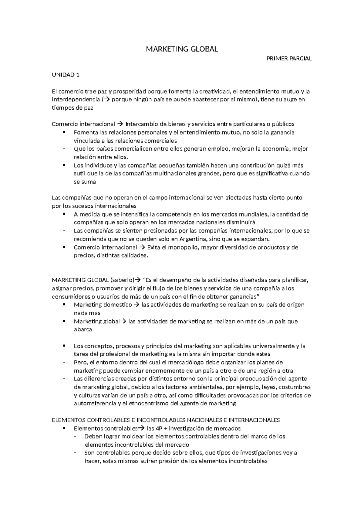 MARKETING GLOBAL PRIMER PARCIAL UNIDAD 1: Comercio y Creatividad - Studocu
