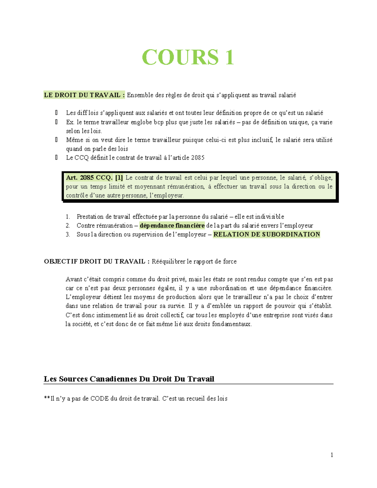 COURS 1 LE DROIT DU TRAVAIL : Protection des Travailleurs et Normes ...
