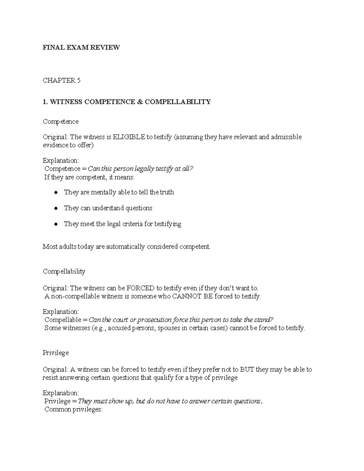 FINAL EXAM REVIEW: WITNESS COMPETENCE & COMPELLABILITY (CH 5) - Studocu