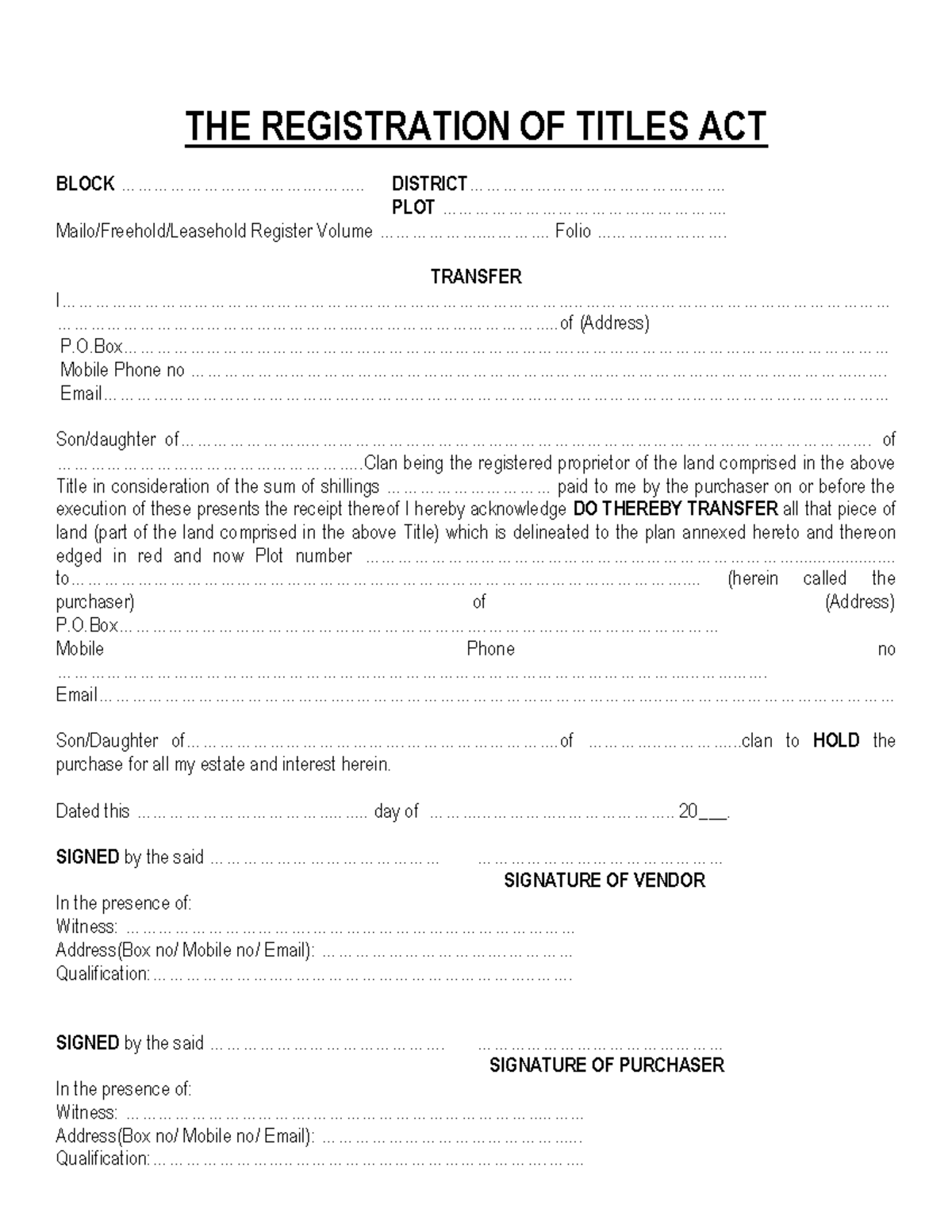 Land Transfer forms 2015 - THE REGISTRATION OF TITLES ACT BLOCK - Studocu