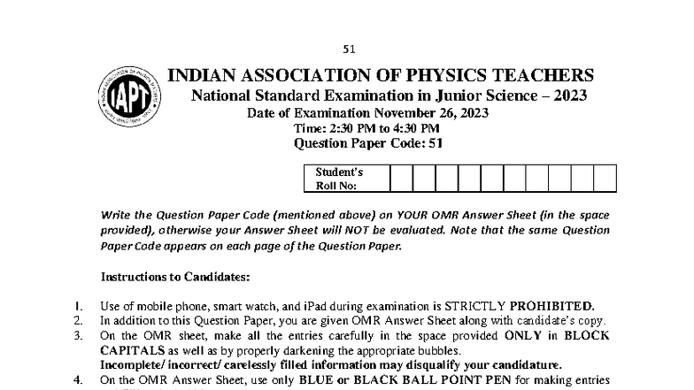 NSEJS 2023 Question Paper - National Standard Examination in Junior ...
