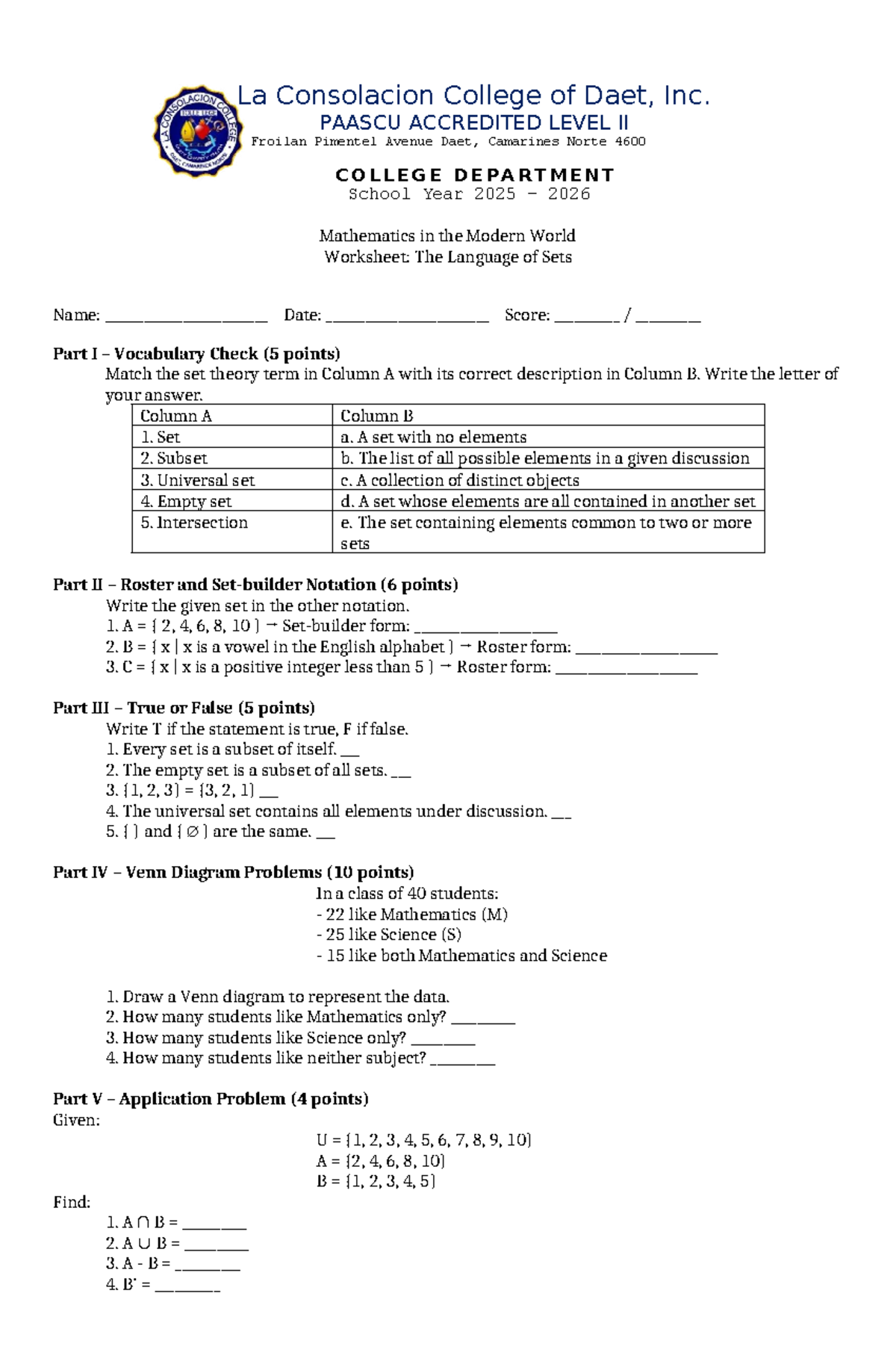 Math 2025-2026: Language of Sets Worksheet - Studocu