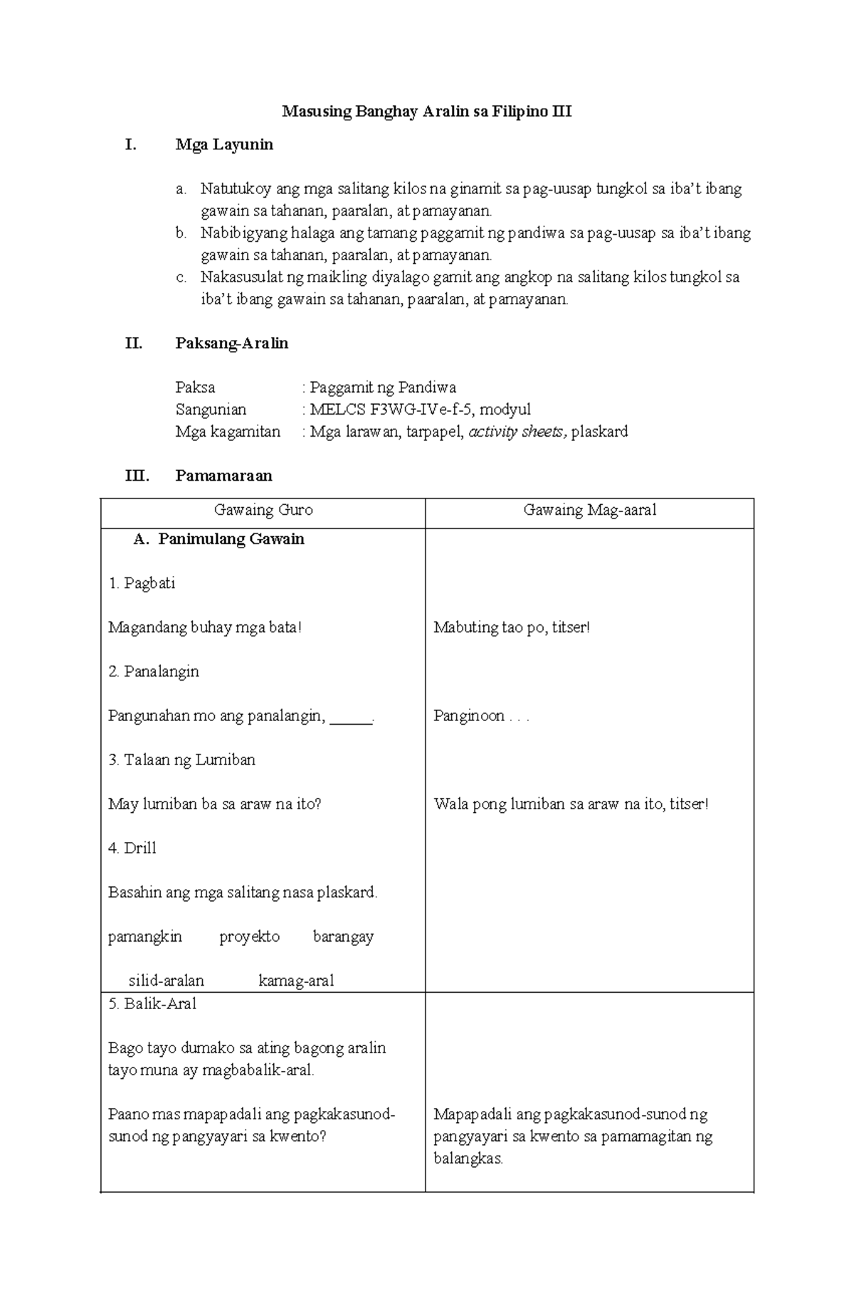 LP for ranking - Lesson plan - Masusing Banghay Aralin sa Filipino III ...