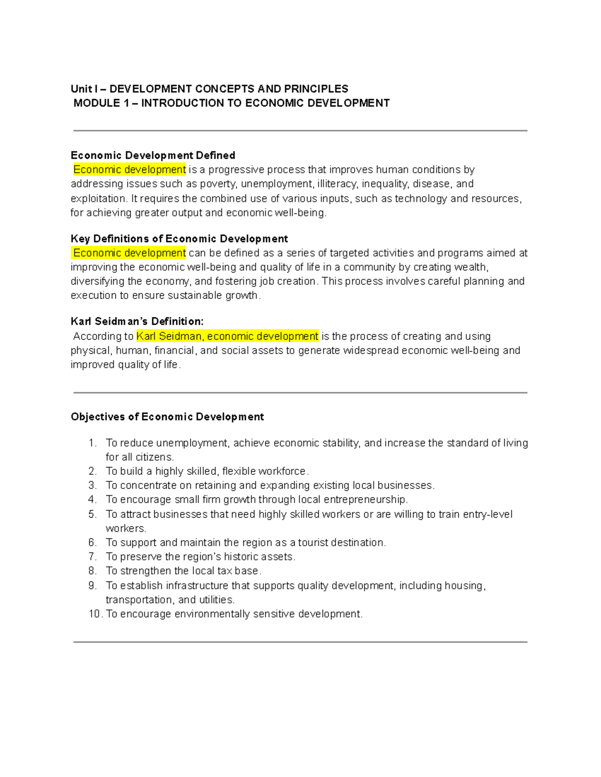 BE3-ECON- Unit I: Development Concepts & Economic Growth Overview - Studocu