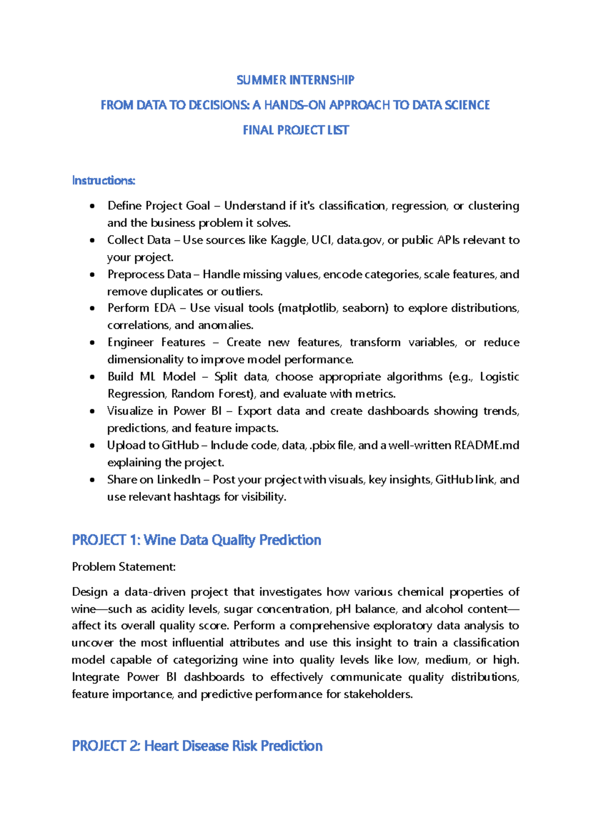 DATA SCIENCE FINAL PROJECTS LIST (SUMMER INTERNSHIP) - Studocu