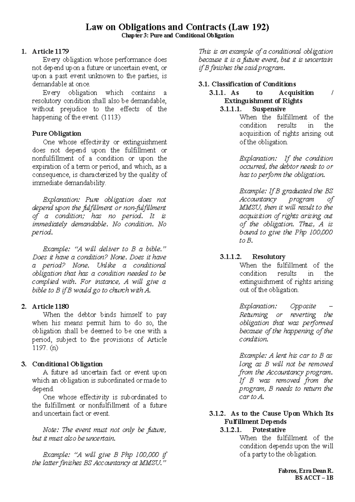 Law 192: Chapter 3 - Pure and Conditional Obligations Explained - Studocu