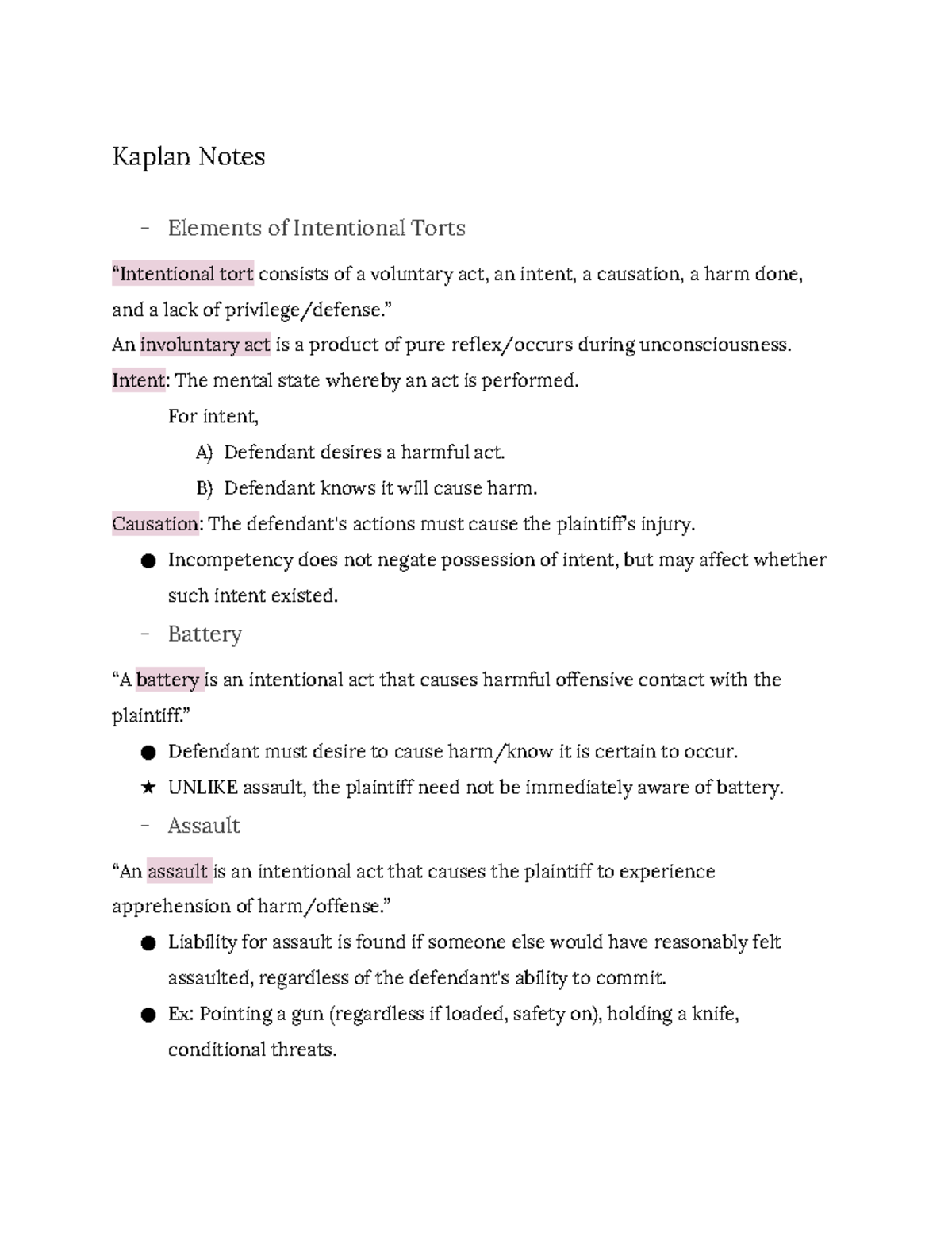 Intentional Torts Overview and Case Applications - Law 101 Notes - Studocu