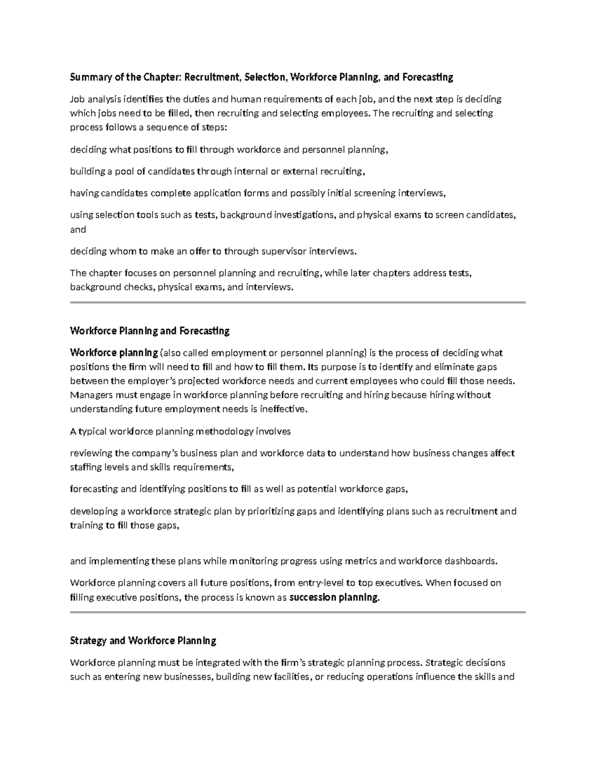 Chapter 4 Summary: Recruitment, Selection, and Workforce Planning - Studocu