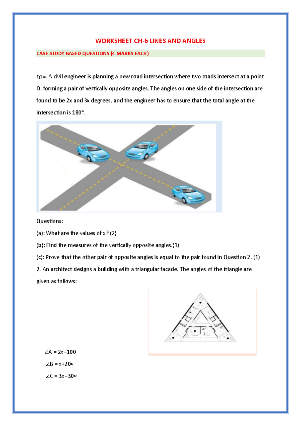 W.S 9 CH-6 Lines and Angles Case Study Questions - Studocu