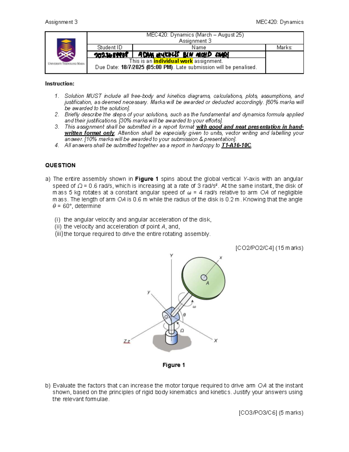 Assignment 3 MEC420: Dynamics - Kinematics & Kinetics Analysis - Studocu