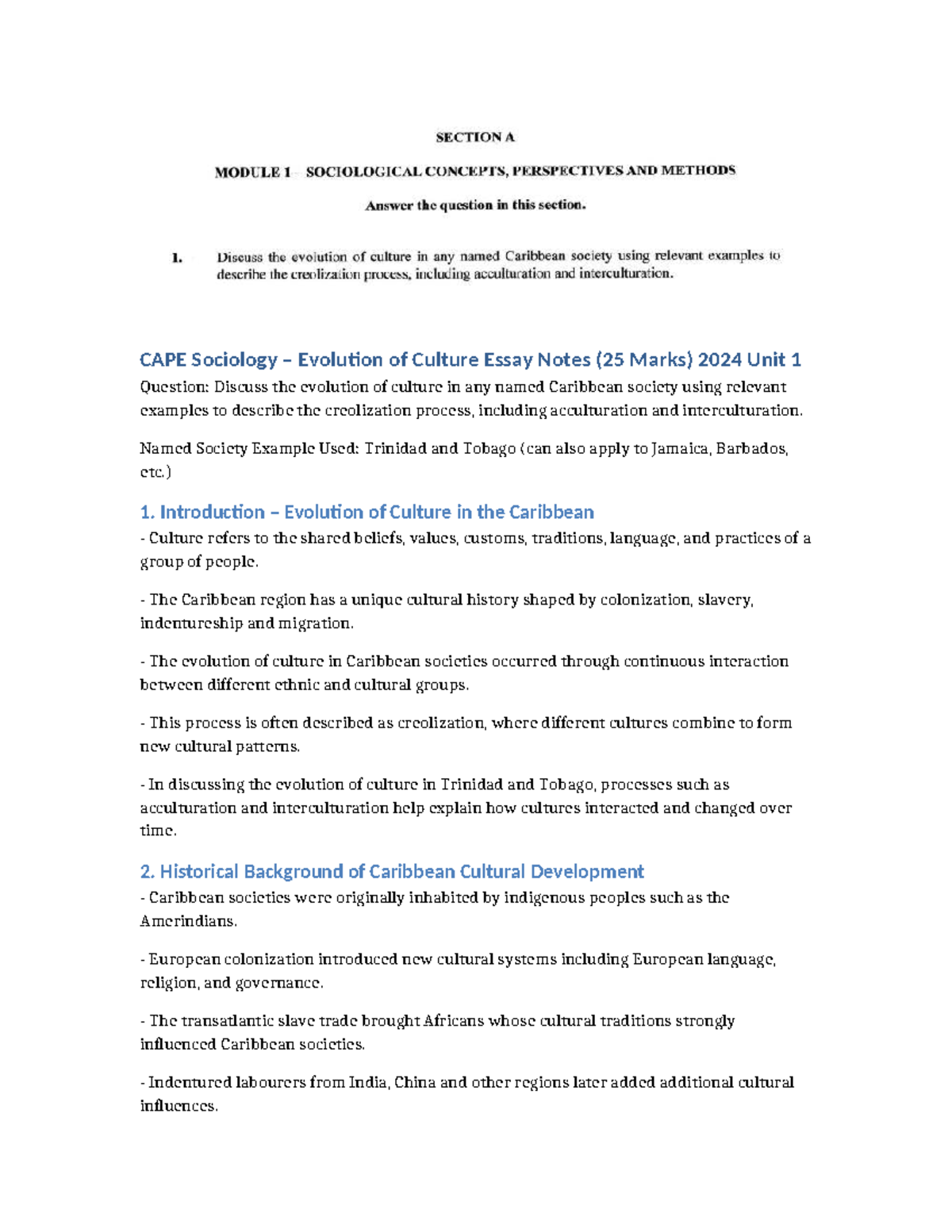 CAPE Sociology Unit 1 Essay Notes: Evolution of Culture & Creolization ...