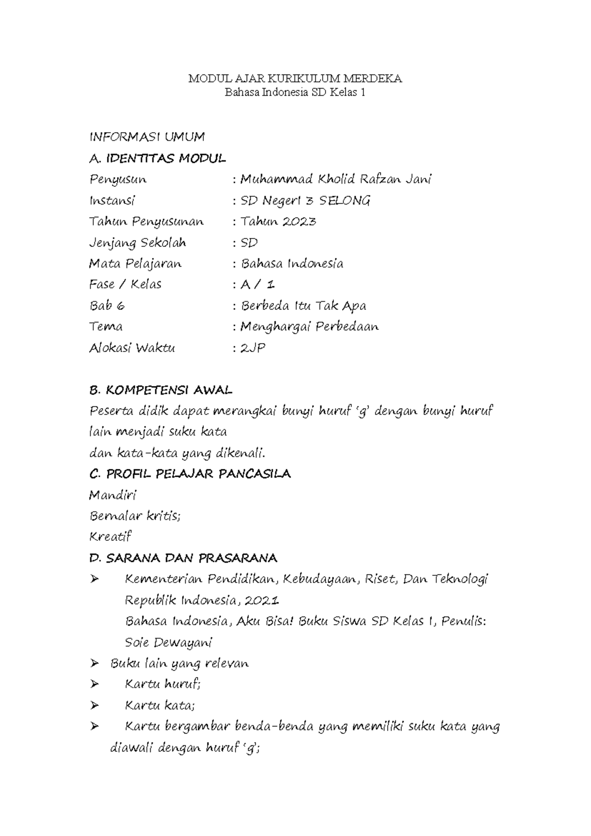 Modul Ajar Bahasa Indonesia SD Kelas 1: Berbeda Itu Tak Apa - Document Preview