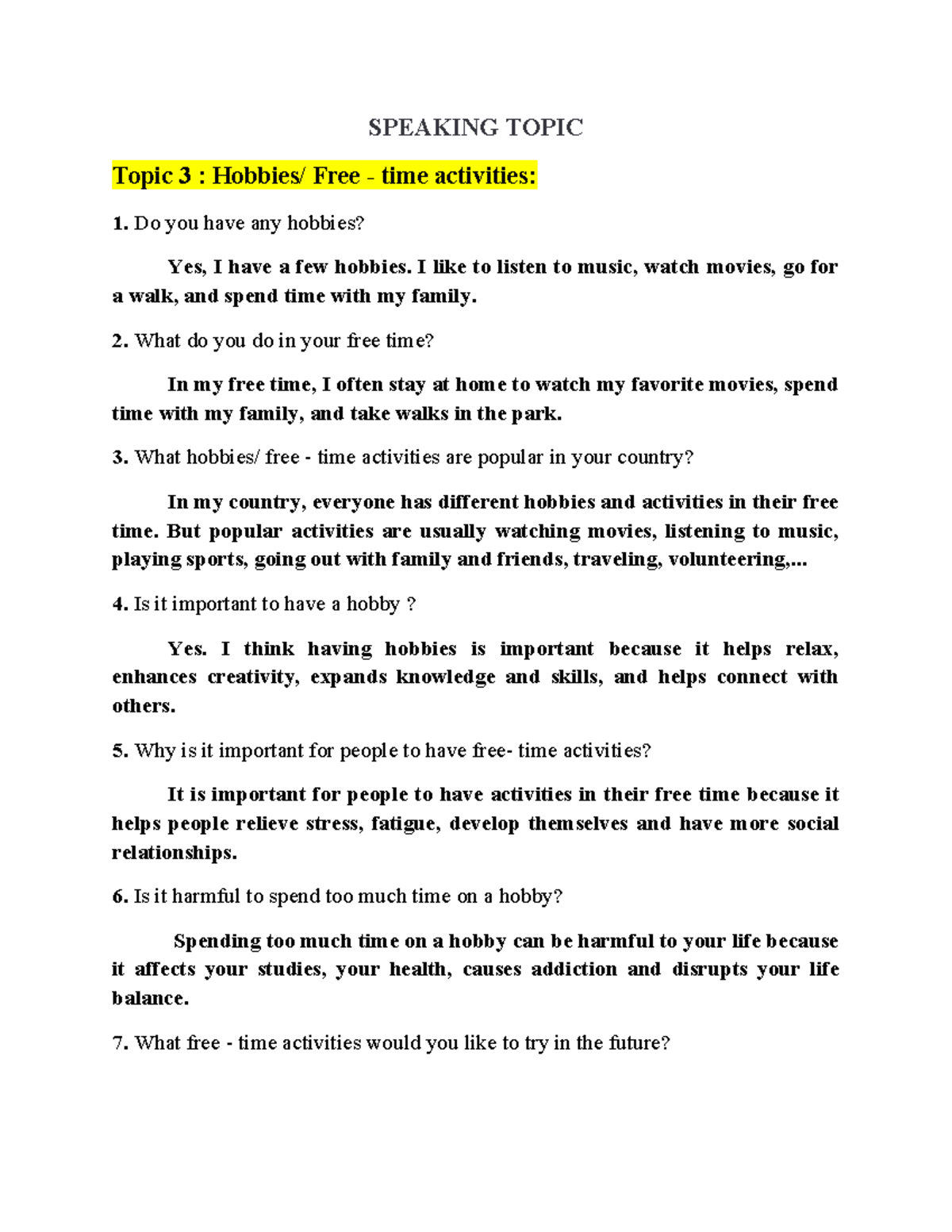 SPEAKING TOPIC: Free Time Activities, Sports, Music, and More - Studocu