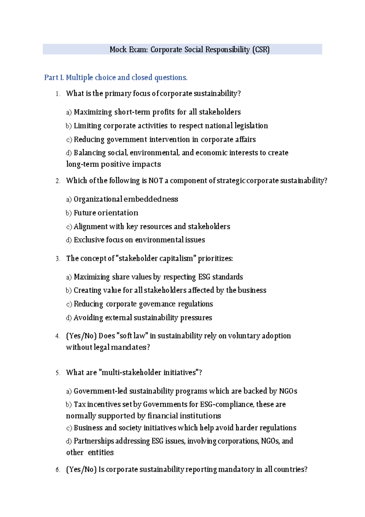 CSR 2026 Mock Exam: Corporate Social Responsibility Part I - Studocu