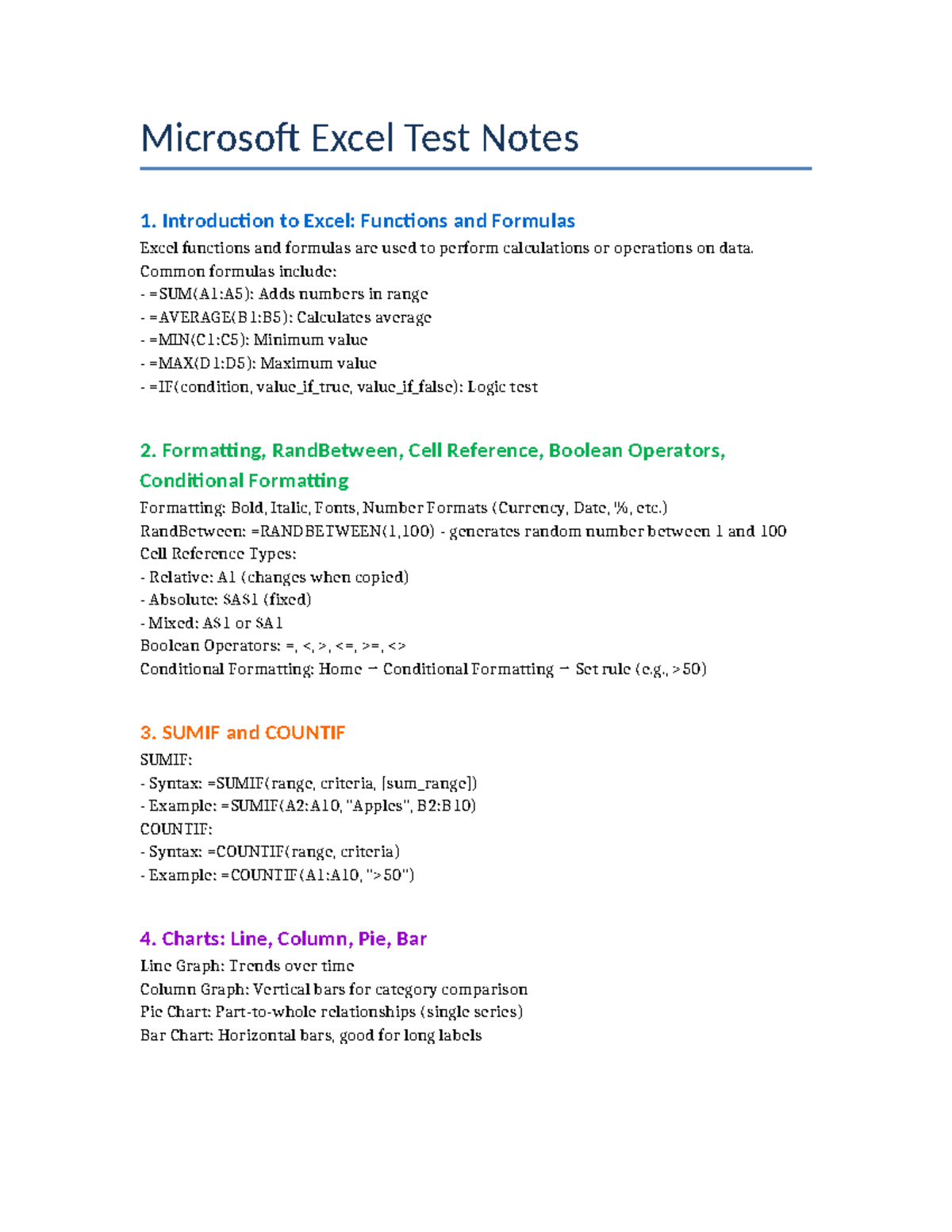 Infos Test 2: Microsoft Excel Functions & Formulas Notes - Studocu