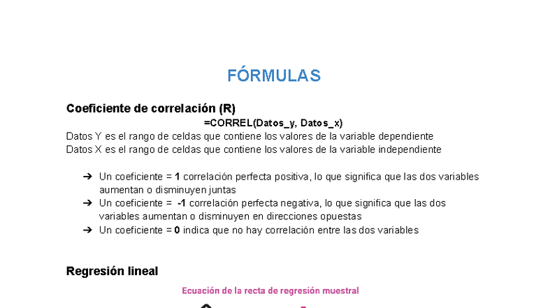 Formulas parcial - FÓRMULAS Coeficiente de correlación (R) =CORREL ...