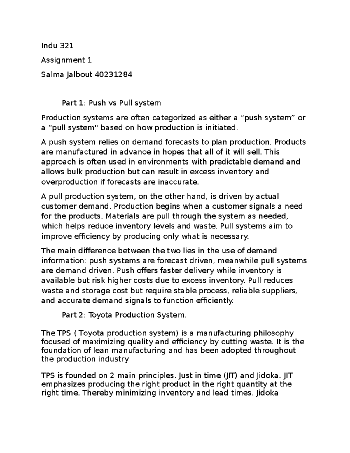 Indu 321 Assignment 1: Push vs Pull Production Systems Analysis - Studocu