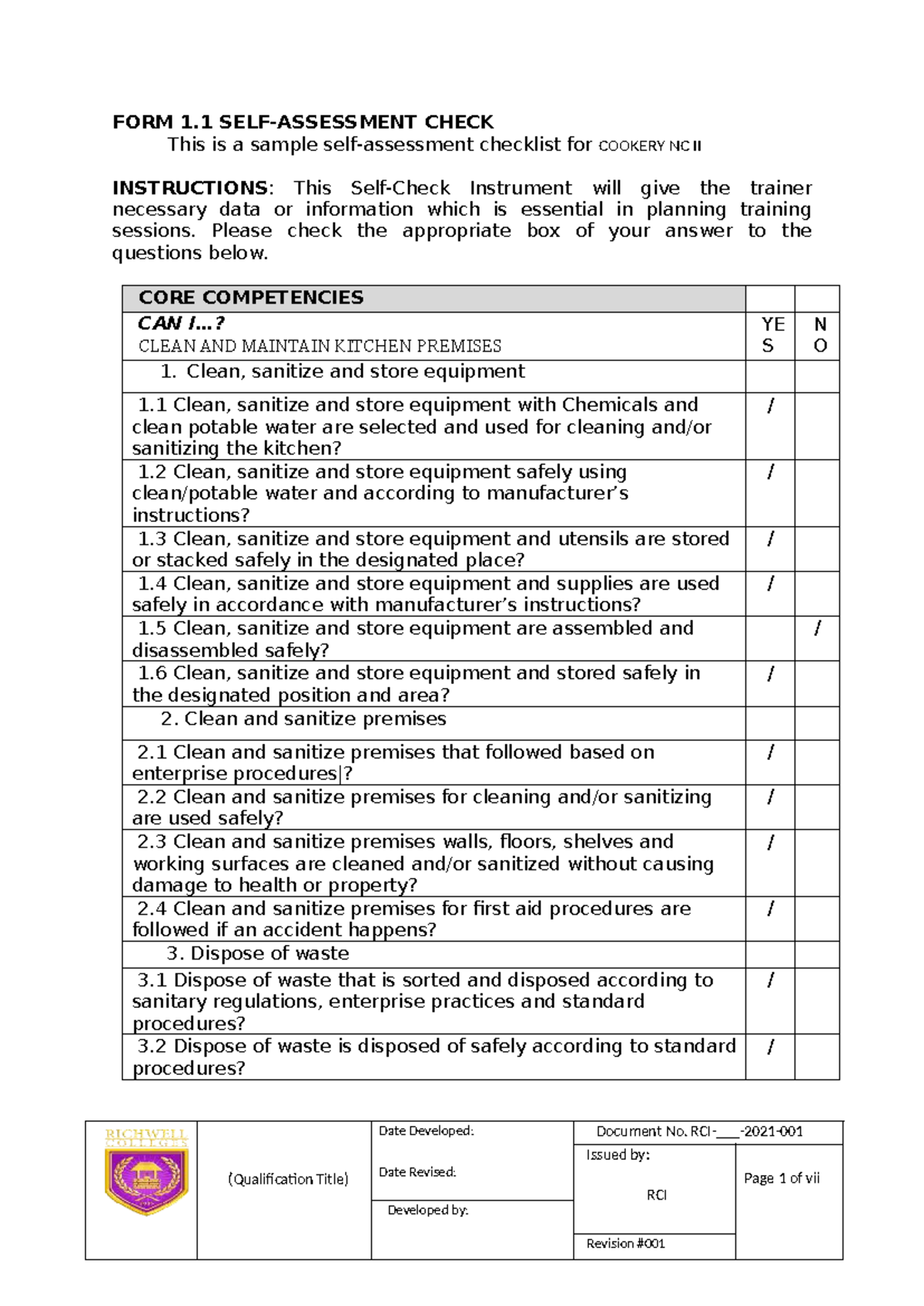 TNA-Cookery NC II Checklist for Core Competencies and Food Preparation ...
