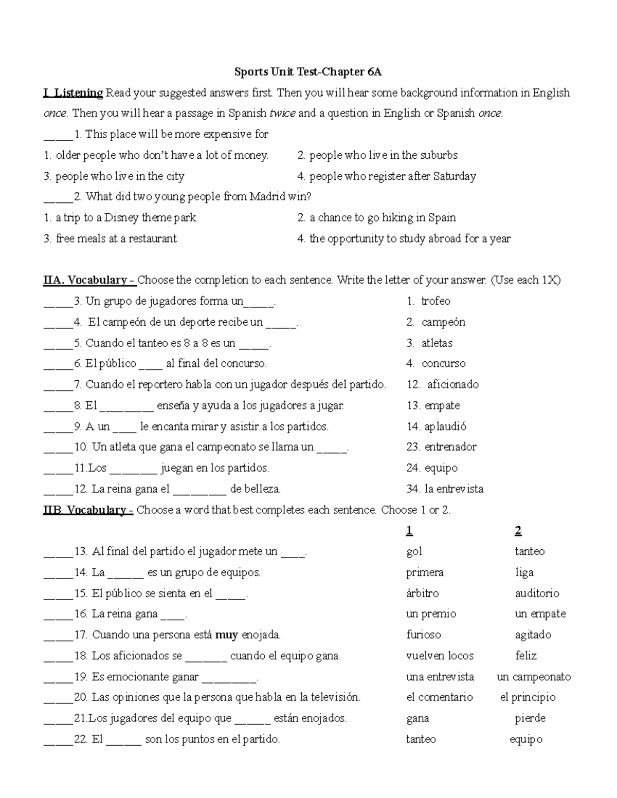 2024 6A Test - Realidades Unit 6A Listening & Vocabulary Practice - Studocu