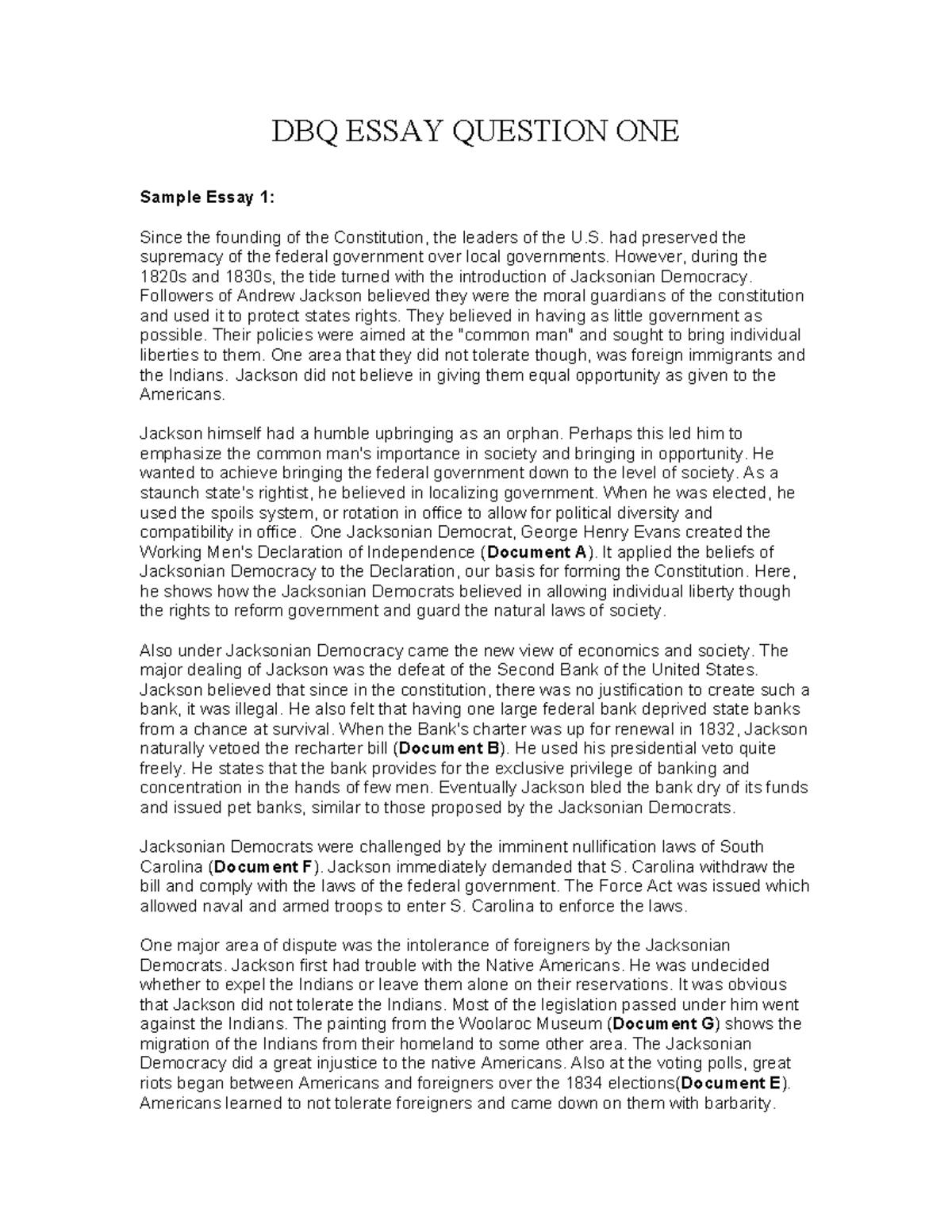 Jackson DBQ Essay Samples: Analyzing Jacksonian Democracy - Studocu