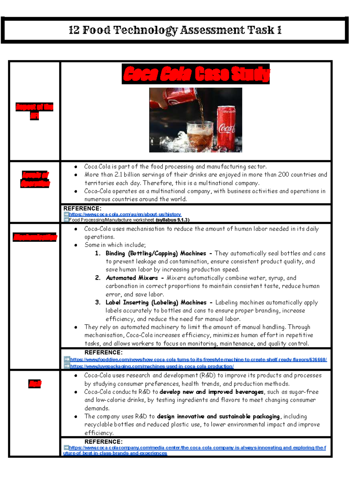 12 Food Technology Assessment Task 1: Coca Cola Case Study Analysis ...
