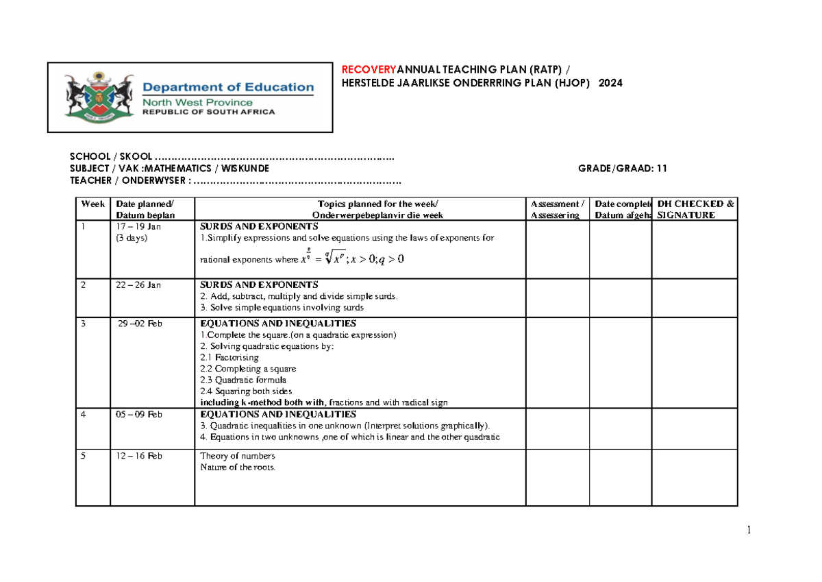 RATP Mathematics Grade 11 - 2024 - RECOVERYANNUAL TEACHING PLAN (RATP ...
