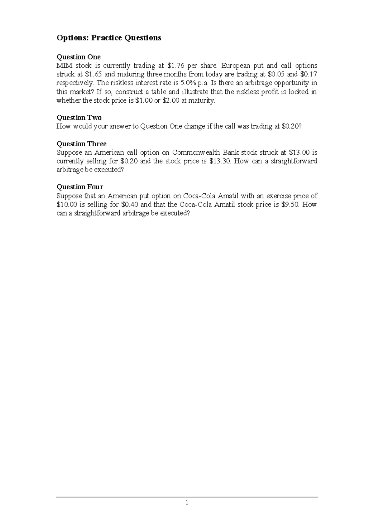 Options Practice Questions: Arbitrage Opportunities Analysis - Studocu