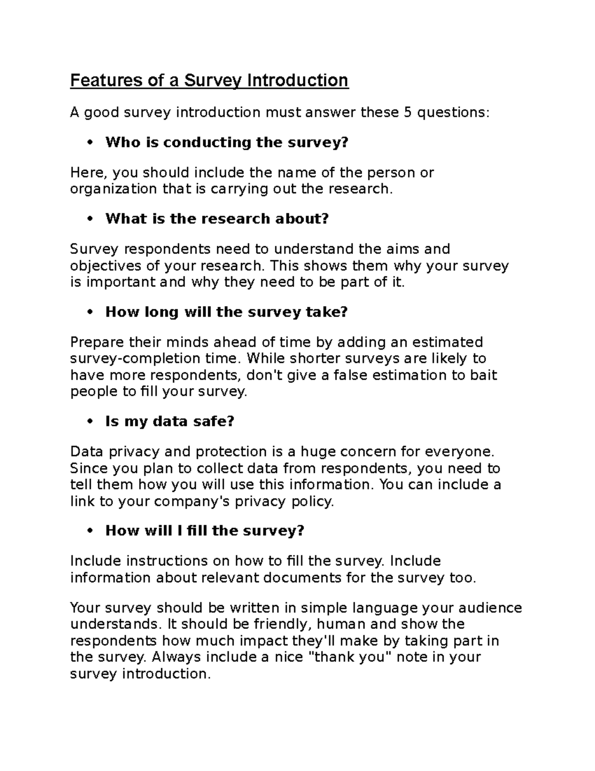 Survey Form - Features of a Survey Introduction A good survey ...