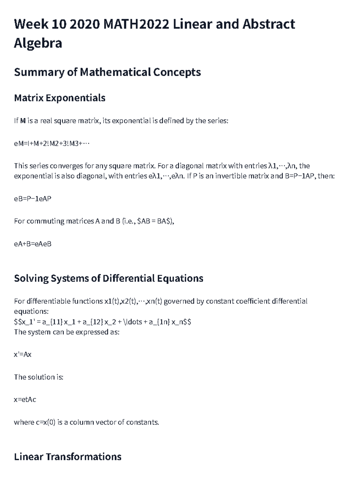 2020 MATH2022 Week 10 Tutorial Summary: Linear Algebra Concepts - Studocu