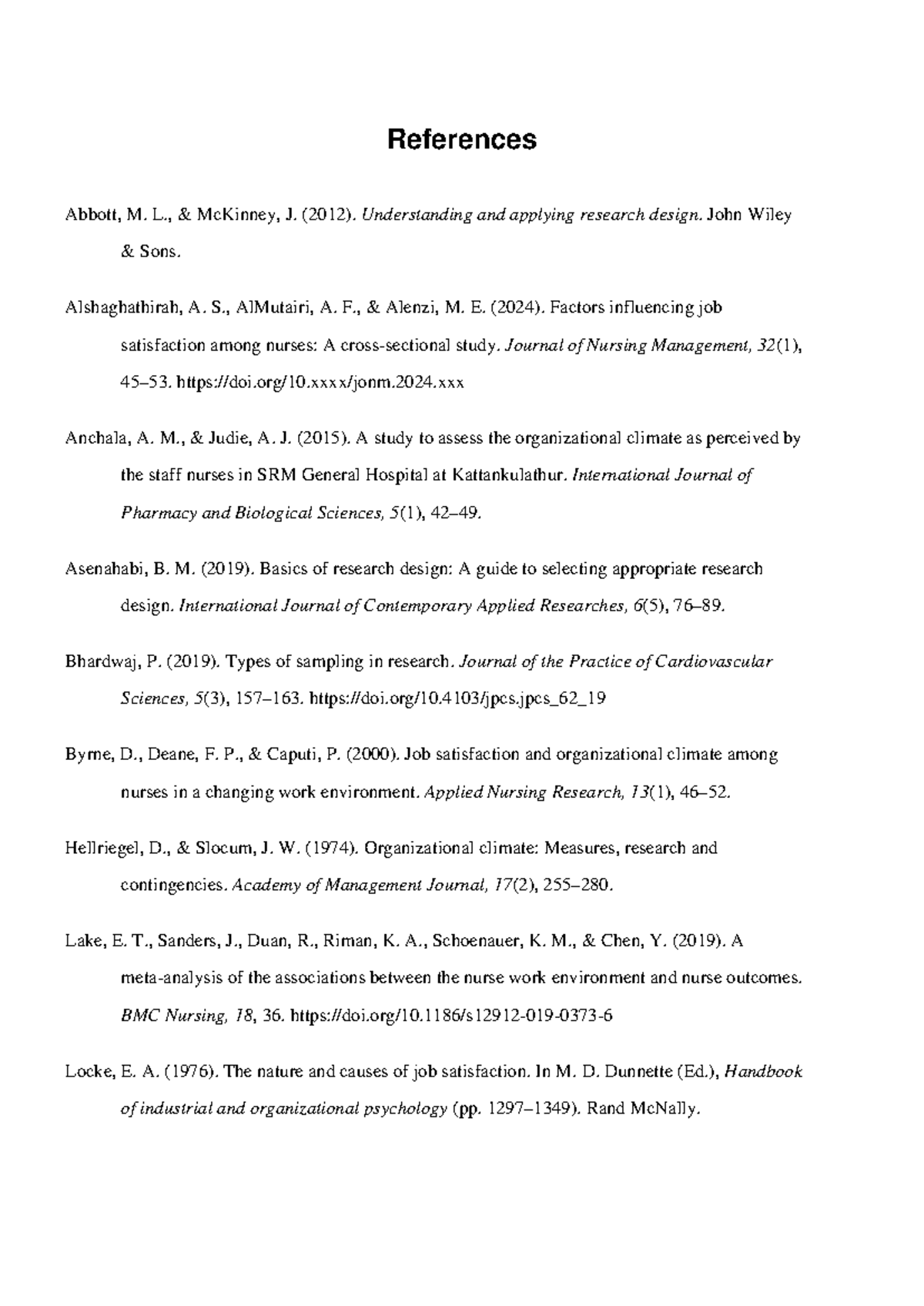 APA References - Research Design & Job Satisfaction Studies - Studocu