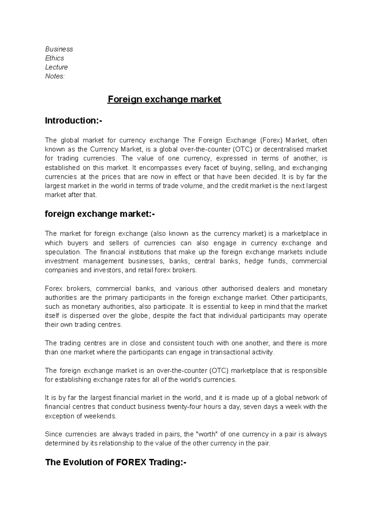 Foreign exchange market - Business Ethics Lecture Notes: Foreign ...