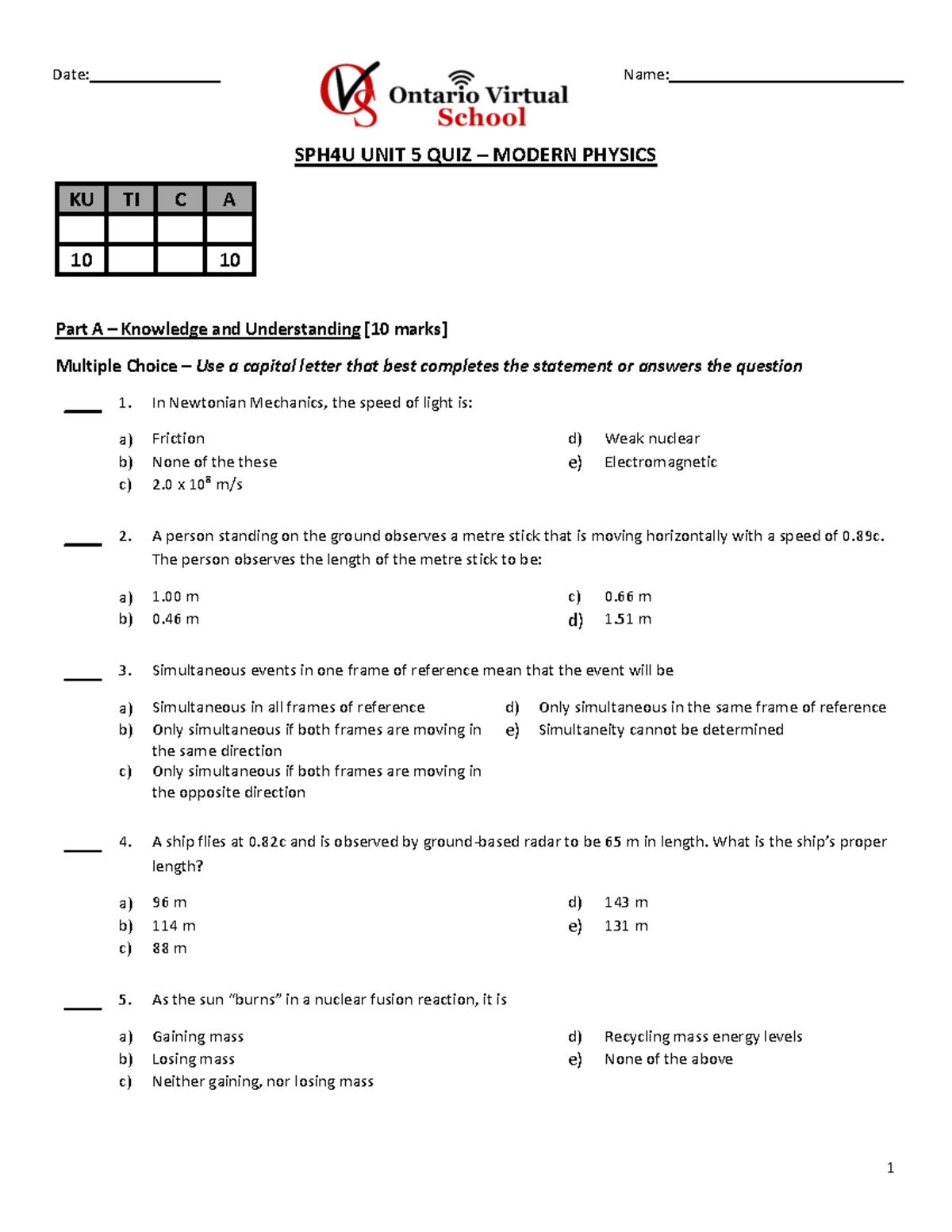 SPH4U Unit 5 Quiz: Exploring Modern Physics Concepts - Studocu