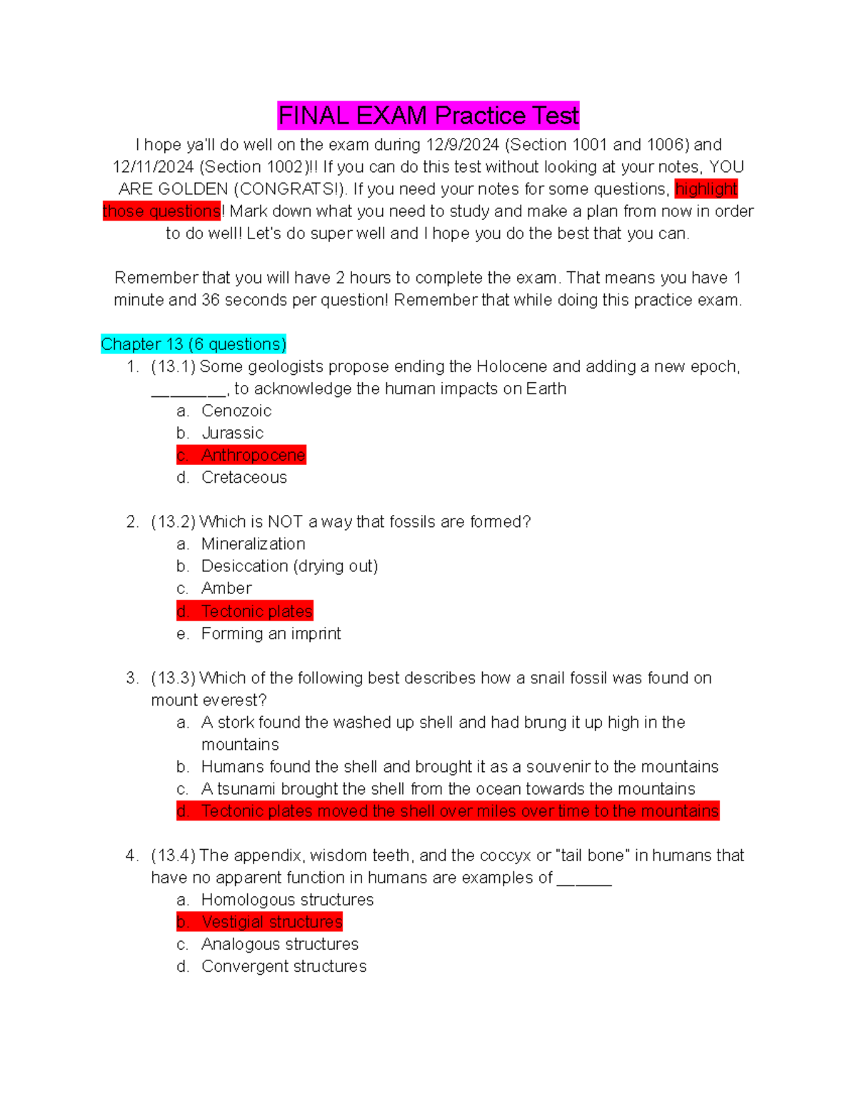 SI BIOL 189 Final Exam Practice Test Answer Key - Studocu
