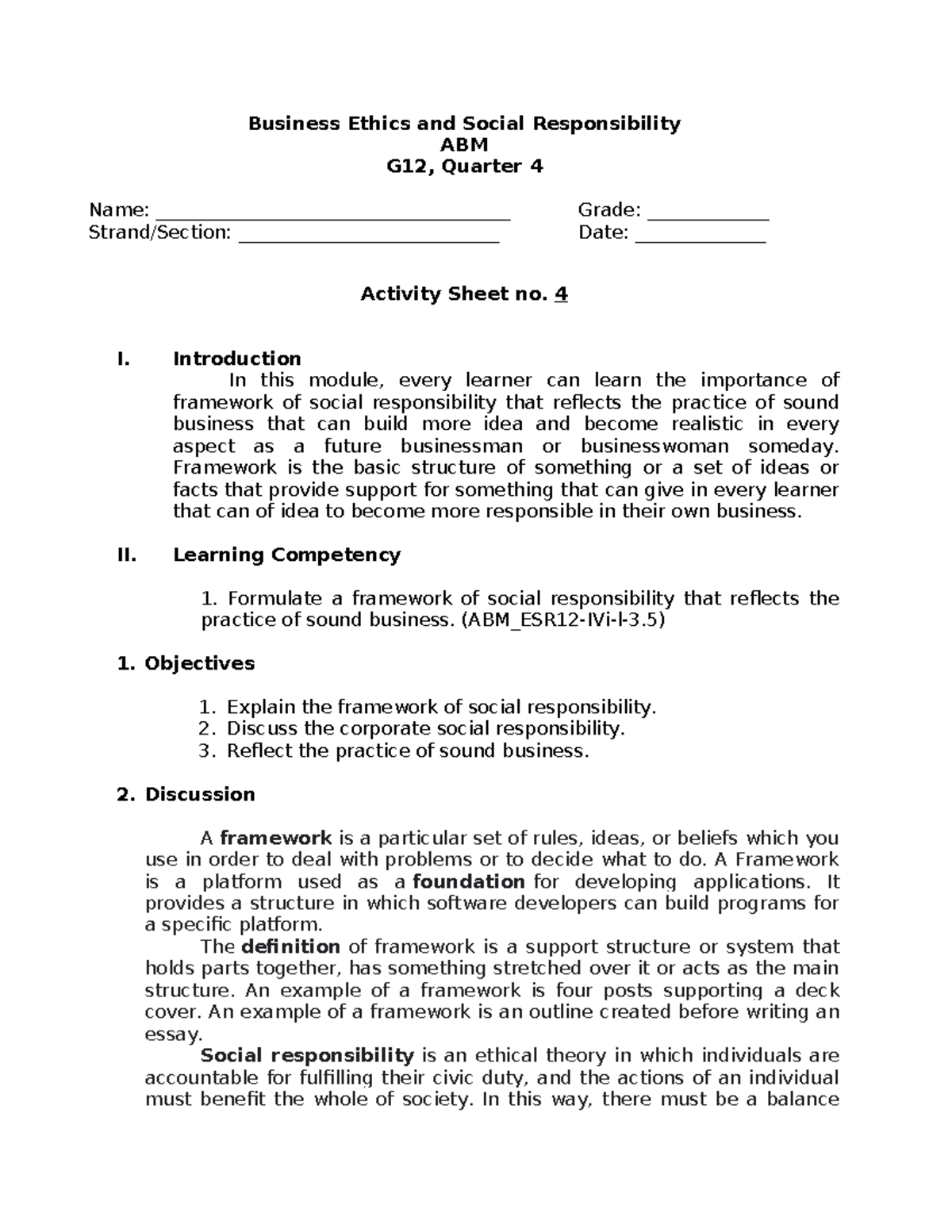 BUS 12 ABM: Business Ethics and Social Responsibility Frameworks - Studocu