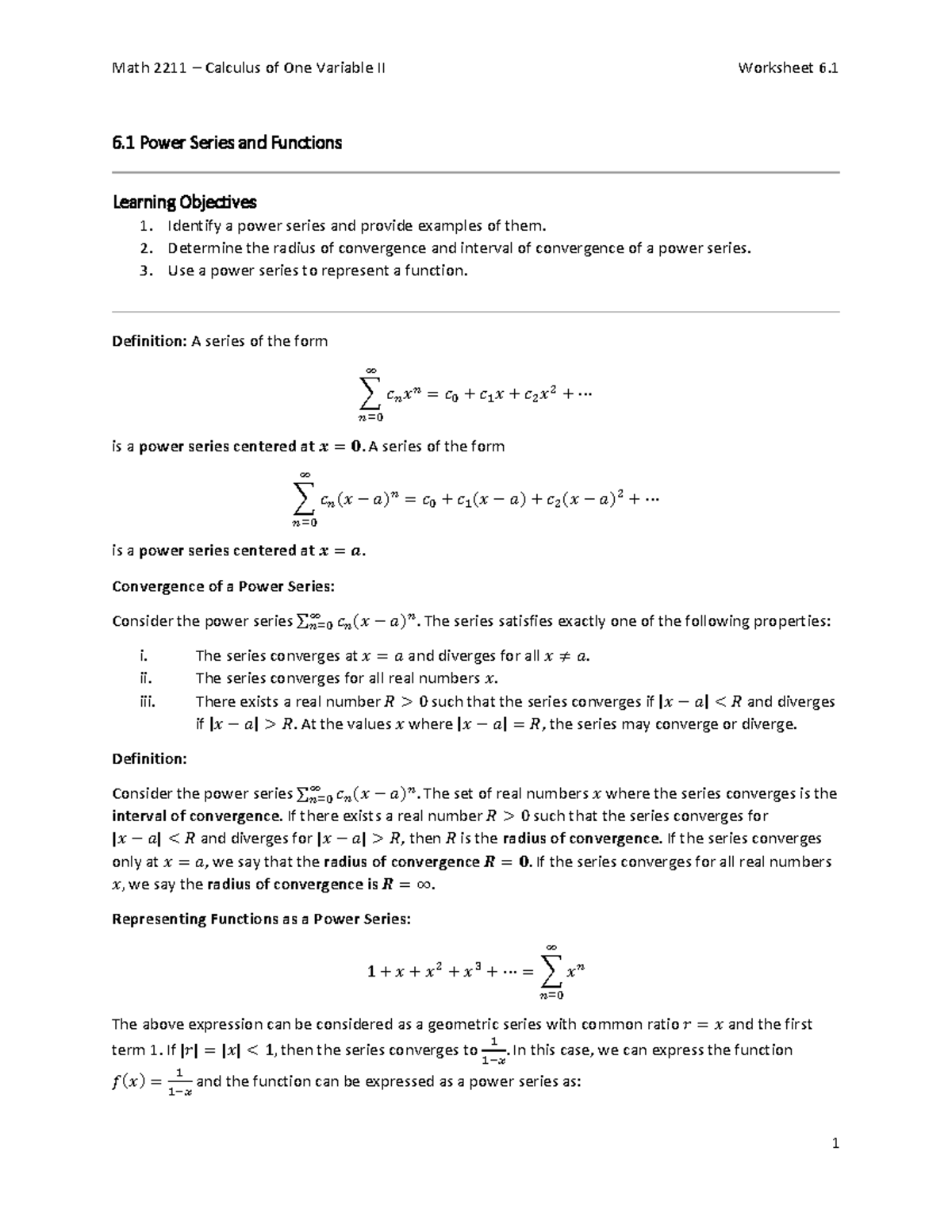 Worksheet-Section 6.1 Power Series and Functions - 6. 1 Power Series ...