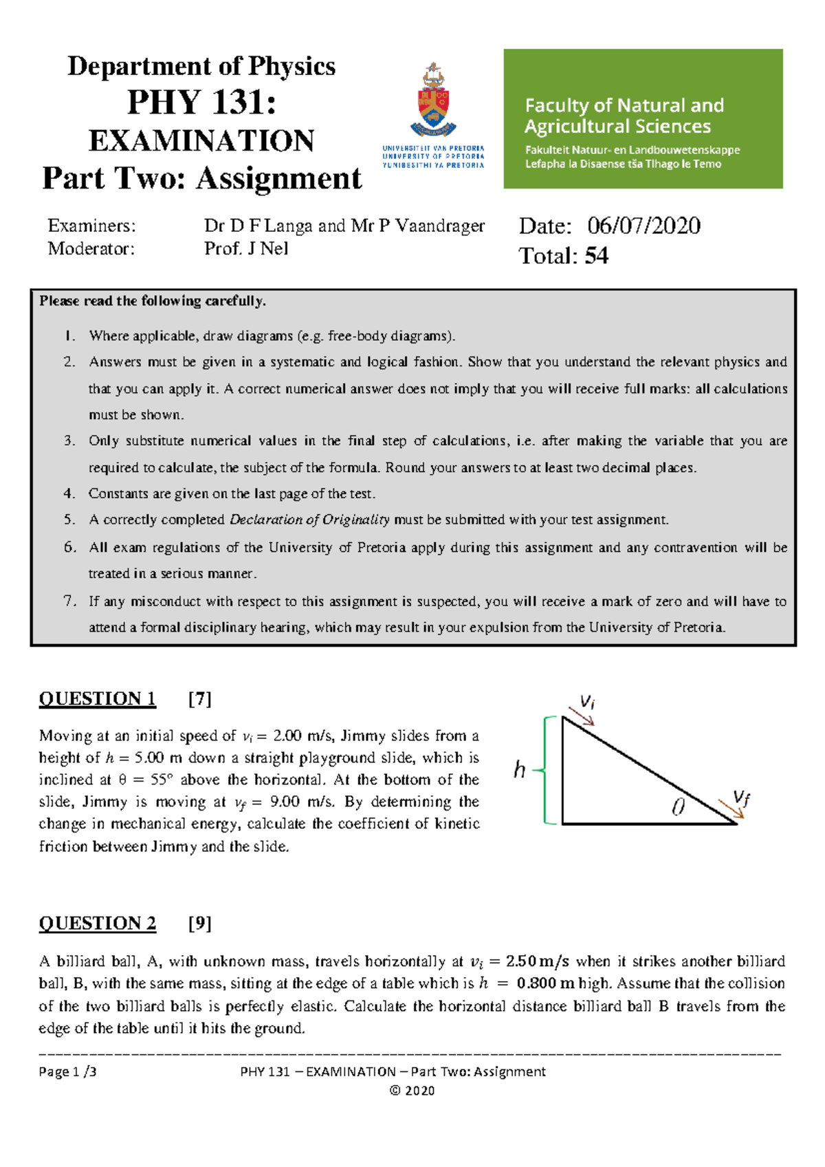 PHY 131 FINAL EXAM Part Two 2020: Detailed Questions and Solutions ...