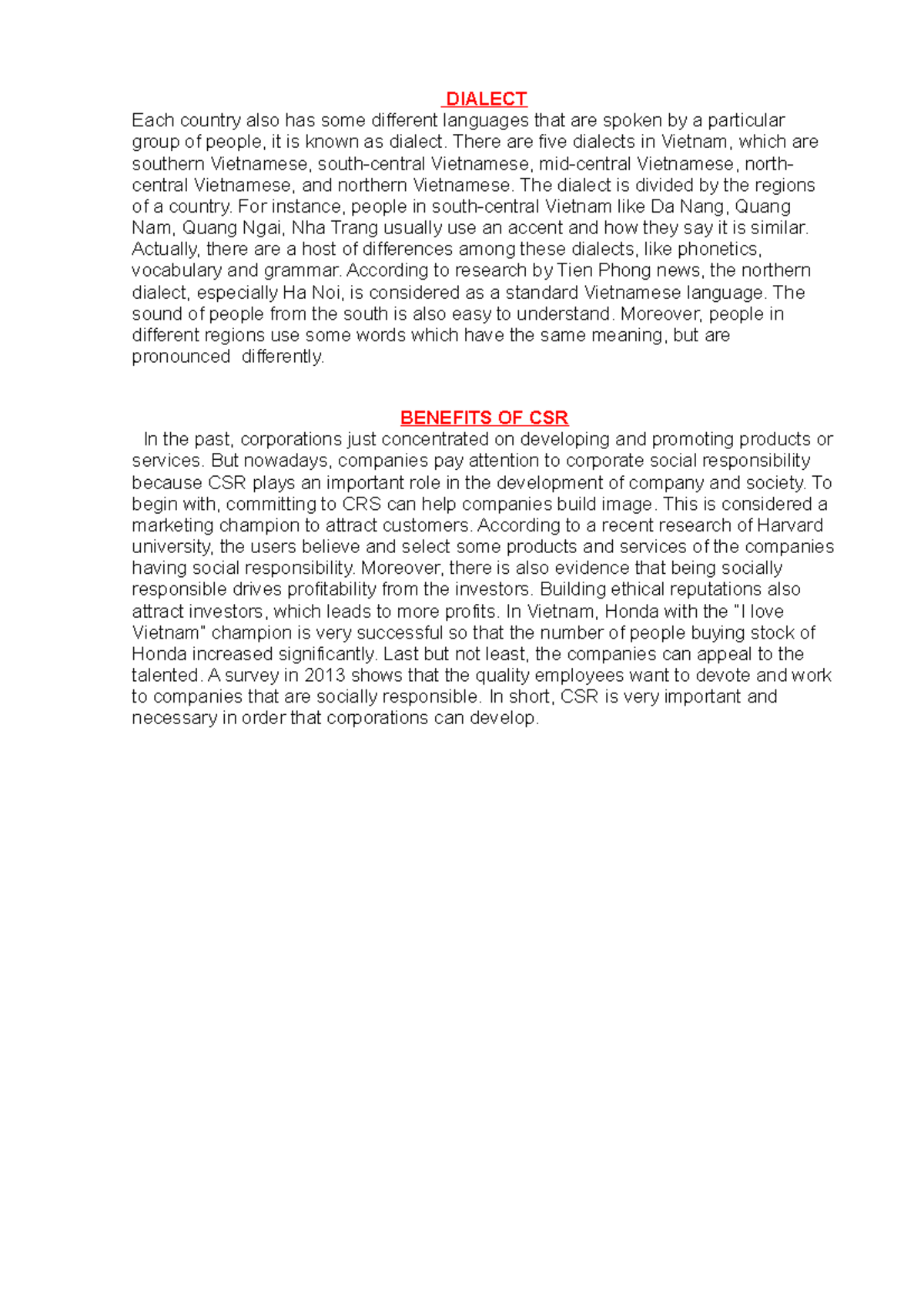 Dialect and CSR - two of a lot essay in level 5 - DIALECT Each country ...