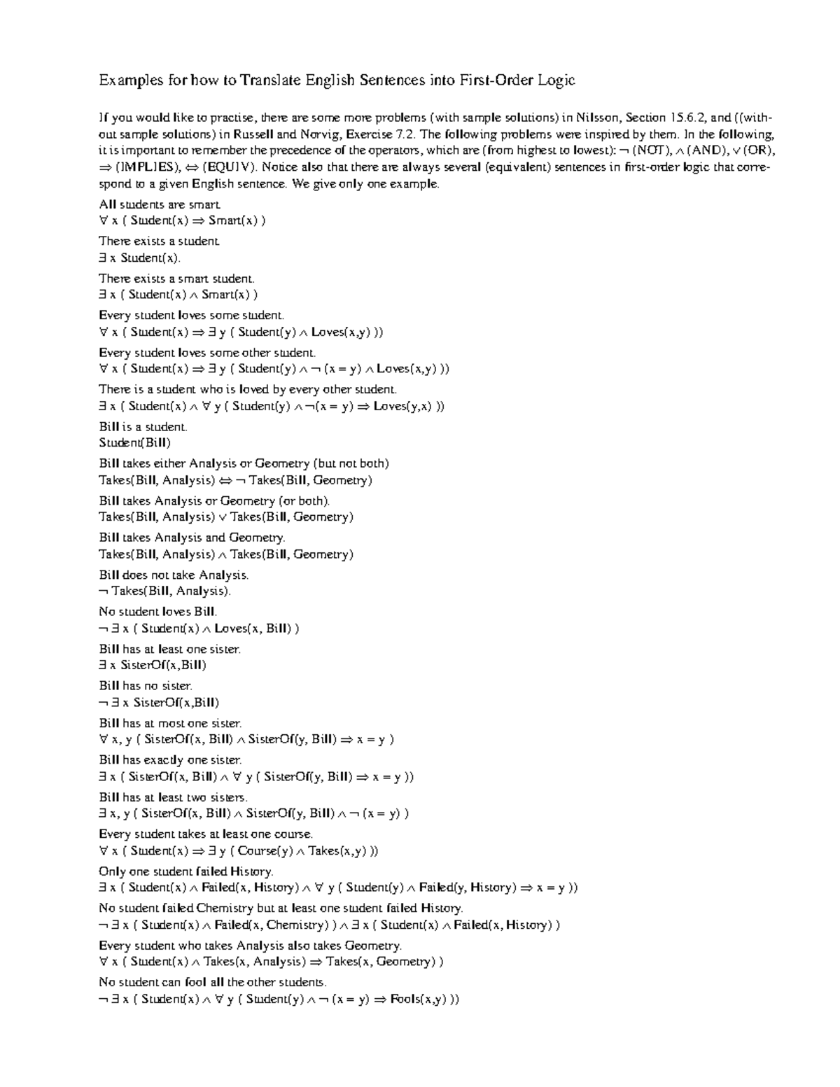FOL Conversion Practice Problems and Solutions for Logic Class ...