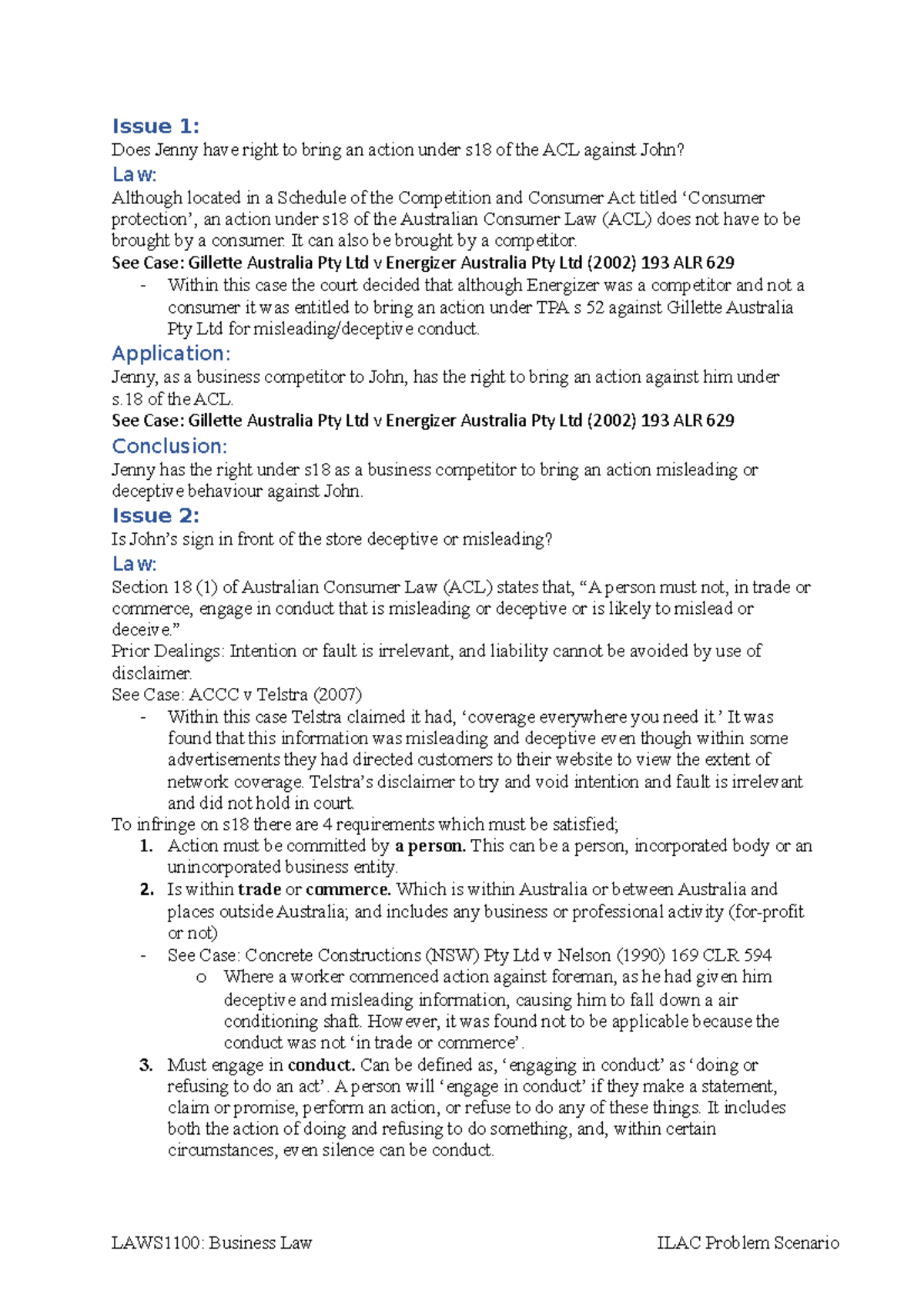 LAWS1100: Business Law ILAC Analysis on Misleading Conduct Claims - Studocu
